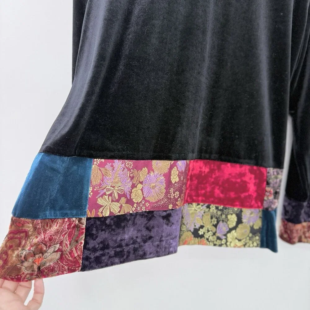 Notations‎ Black Velvet Patchwork Jacquard Bohemian Button Jacket L Art To Wear